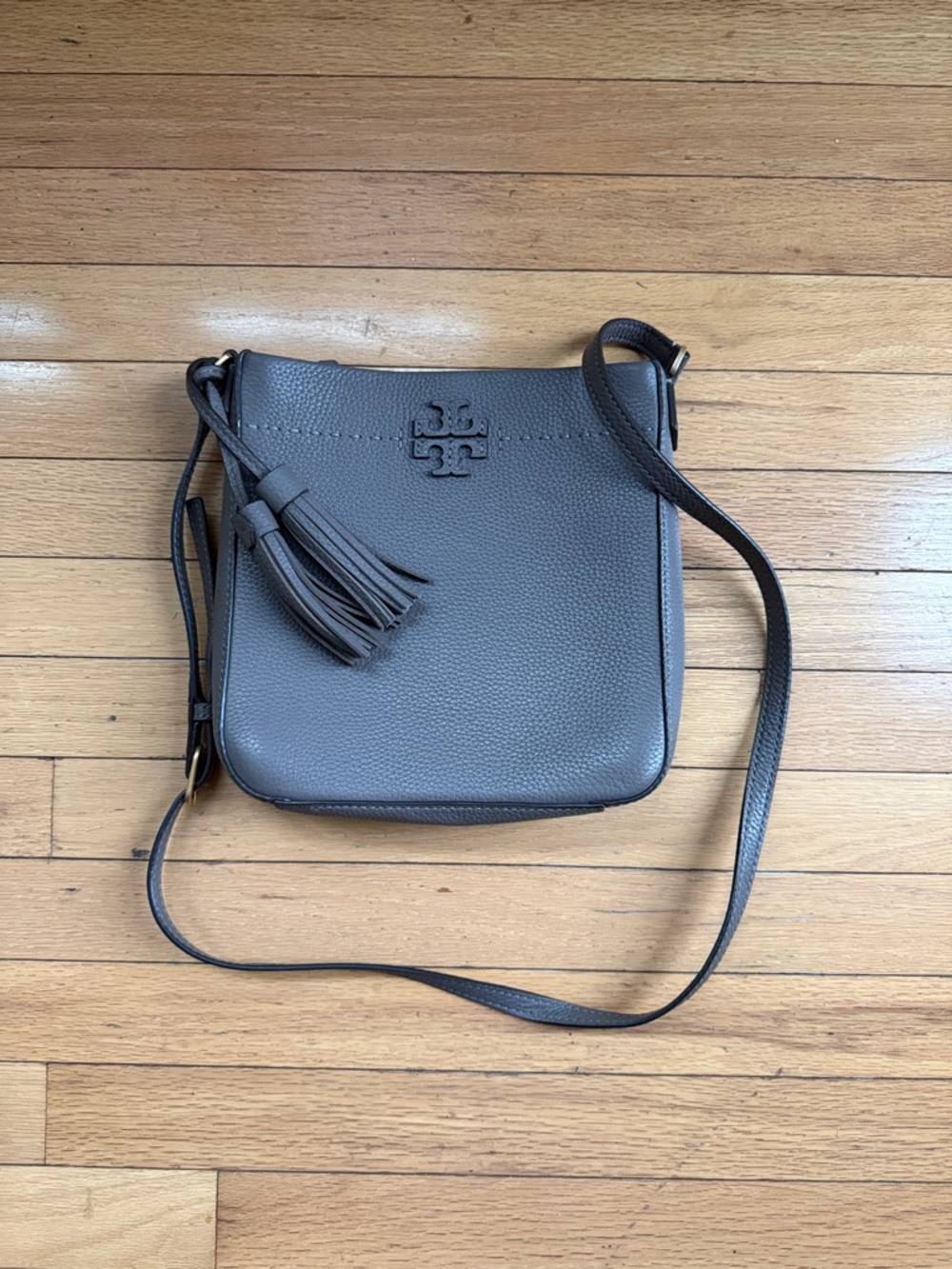 Tory Burch Gray Pebbled Leather Tassel Crossbody